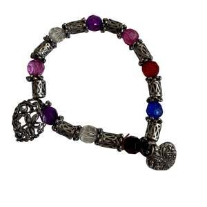 Silver Tone Stretch Charm Bracelet Hearts & Colorful Beads Women Jewelry Costume